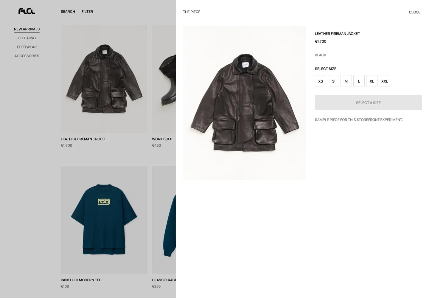 Leather jacket product details in the FOOLY COOLY storefront, with a size picker and cart action
