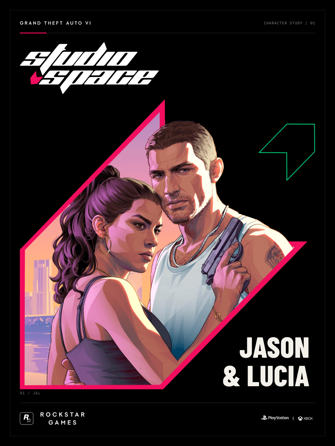 Black Jason & Lucia poster with the white Studio Space wordmark, a pink angular frame around the characters, and large cream lettering